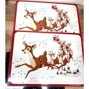 2 Vintage Christmas Reindeer Placemats Holiday Table Decor Set Pottery barn